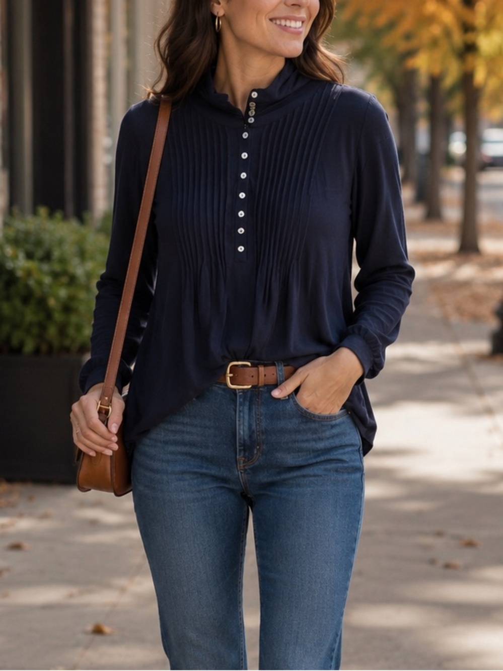 Soft Surroundings Black Pleated Button Up Turtleneck Long Sleeve Tee Large